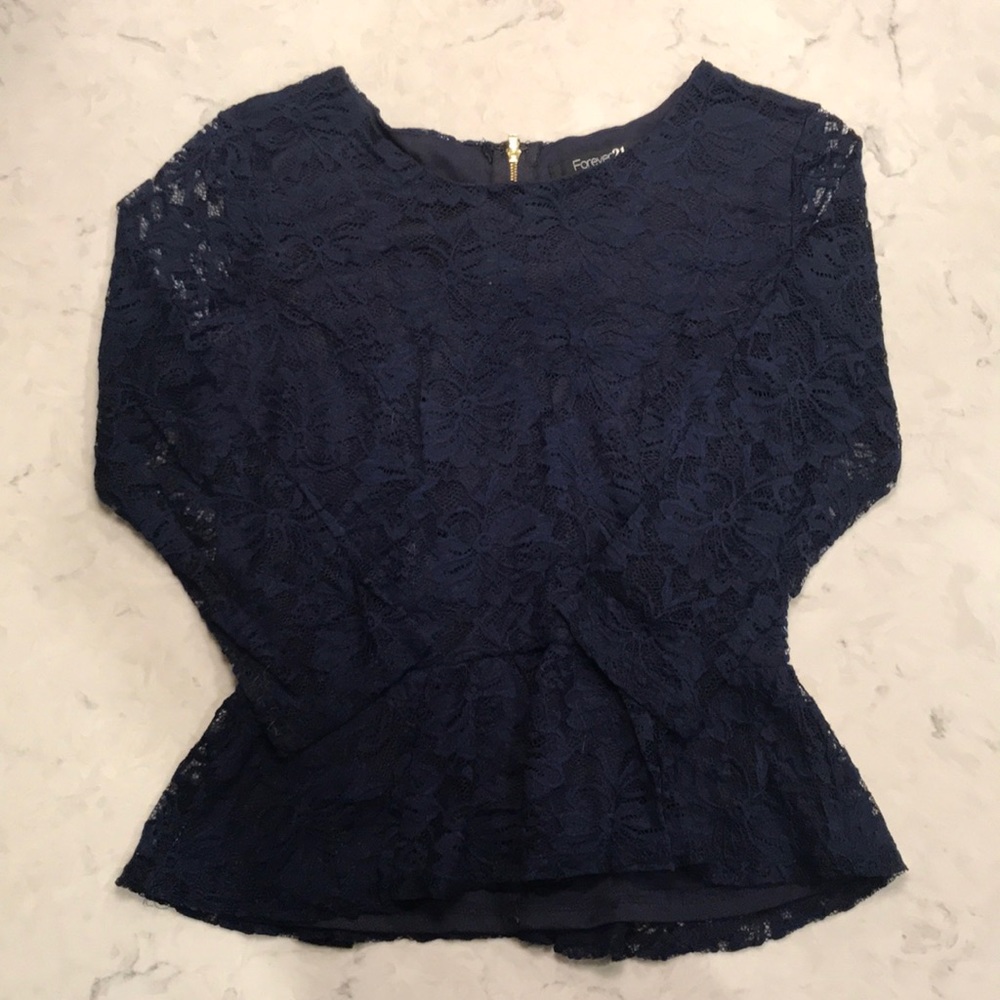 Navy Lace Peplum Top